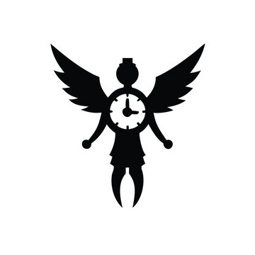 Silhouette of a winged clockwork figure with angelic features, symbolizing time and destiny