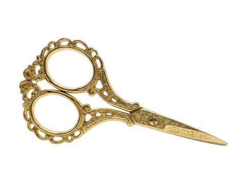 Ornate vintage gold embroidery scissors with intricate floral filigree handles and engraved blades for elegant craft and sewing projects, isolated transparent background image