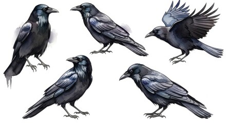 Obraz premium Artistic Depiction of Five Black Crows on White Background.