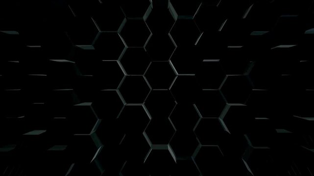 Dark hexagonal tiles move in a subtle 3d wave pattern creating a sleek industrial background.