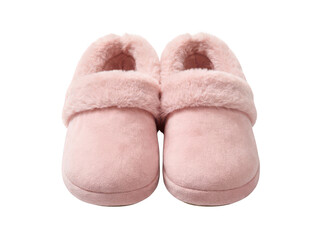 Pair of cozy light pink plush slippers featuring soft faux fur trim and velvety texture, designed for indoor warmth and home relaxation, isolated transparent background image © PNG World