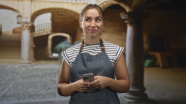 Woman in apron holding smartphone, hands visible, looking up with smirk in building; playful curiosity.