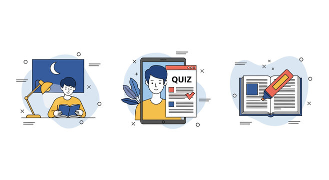 Boy read night do quiz on app use pen and book to learn fast icon set