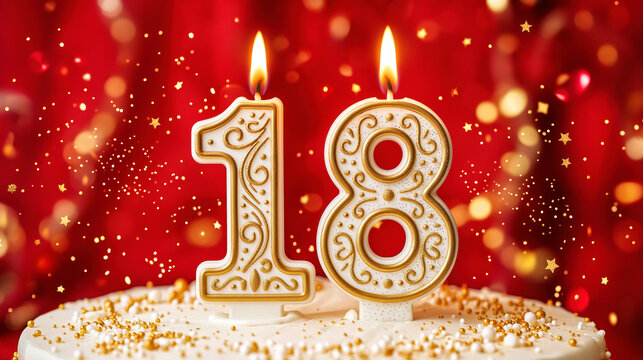 Number 18 birthday candles on cake with lit flames festive red background party decoration celebration milestone event adult age concept