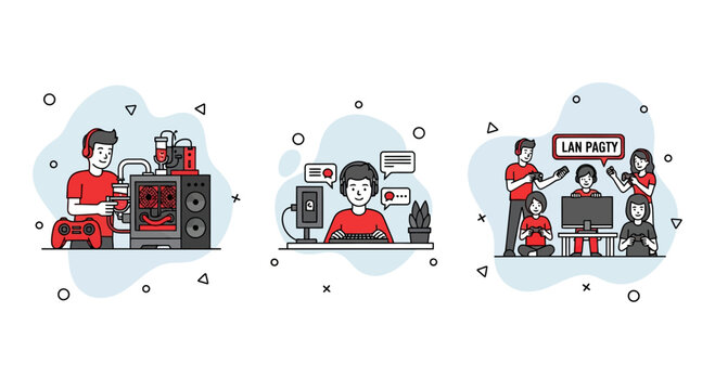 Pc gaming life set with mod chat fan lan party fun pro web art icon