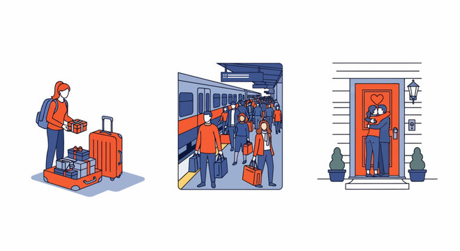 Girl packs bag then folk at rail stop and duo hugs at the house door