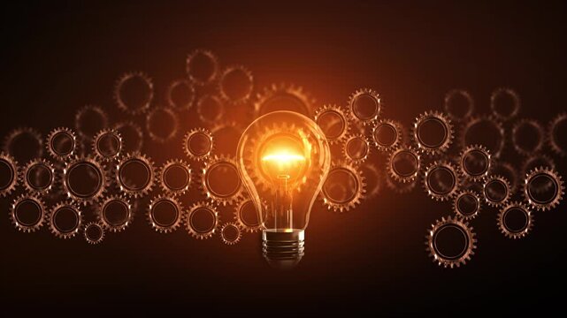 Vintage Glowing Lightbulb Metallic Clockwork Gears lightbulb floating copper cogs gears background. creative brainstorming industrial engineering design, innovation presentations, steampunk themes.