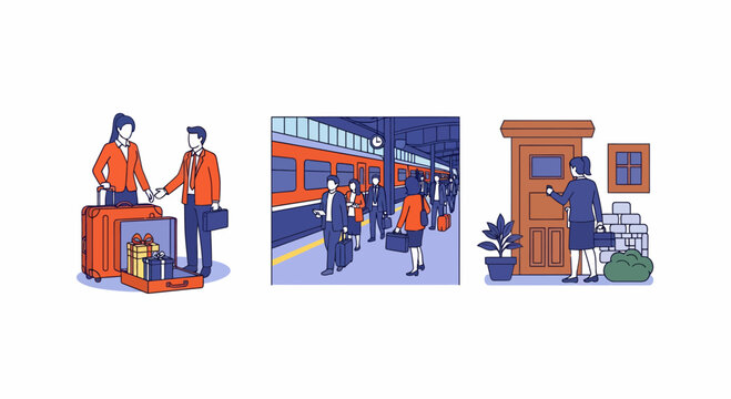 Men women go home for new year trip with bag at station and house door