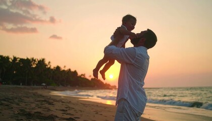 Fototapeta premium Father and baby bonding at sunset on a tropical beach, silhouetted against the vibrant sky.
