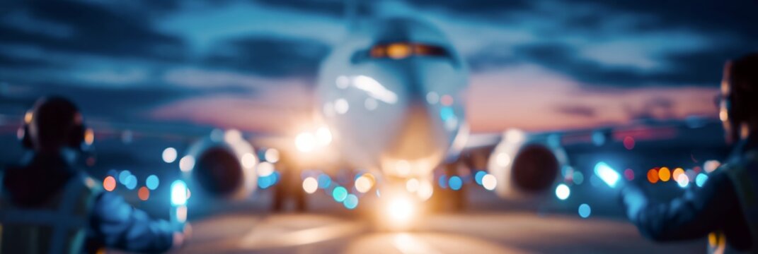 Airport ground crew directing passenger aircraft at dusk with glowing marshalling wand