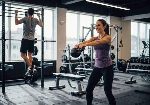 Woman performing kettlebell swings in a modern gym with a man doing pull ups isolated on white background