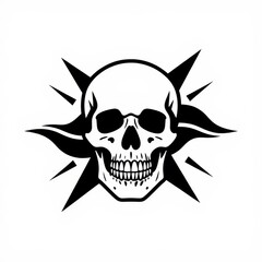 Fototapeta premium Halloween skull with devil horns in sharp black and white line art for spooky designs