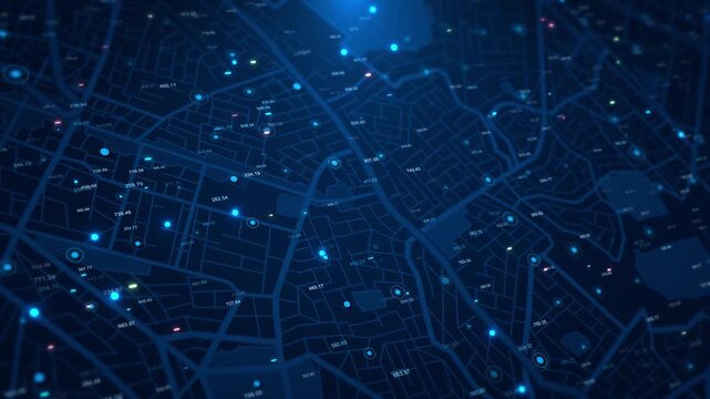 Futuristic City Navigation Smart City Network Map Interface glowing points. navigation visuals, GPS technology promos, logistics presentations digital city grid shows tracking nodes infrastructure.