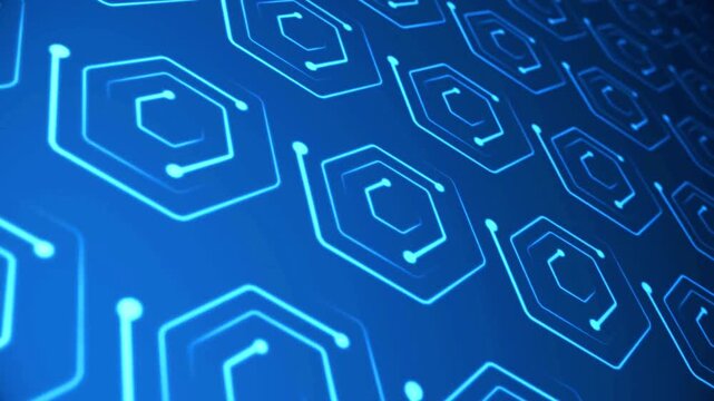 Blue circuit hexagons pulse with digital signals in a futuristic computer processing pattern.