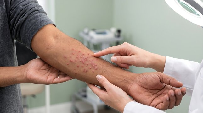 Dermatologist examining skin rash and red bumps on patient arm