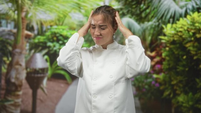 Woman chef in white uniform clutching her head with both hands beside a tiki torch and lush foliage on a pathway in forest setting; kitchen pressure frustration.