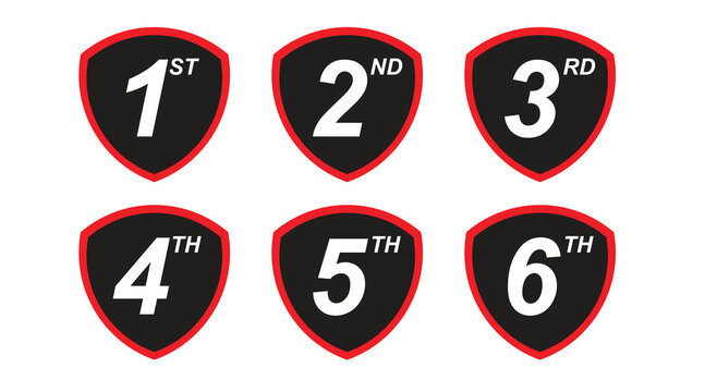 Ranking Badge Shield Icons Set 1st 2nd 3rd 4th 5th 6th Winner Placement Symbols Black Red Design
