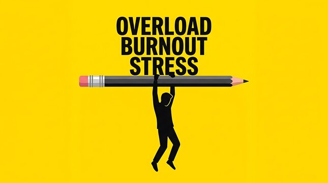 Silhouette of person hanging from giant pencil with words 'overload burnout stress' against bright yellow background.
