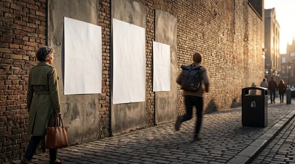 Fototapeta premium Street poster mockup on old brick wall in city at sunset