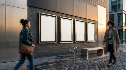 Fototapeta premium Outdoor advertising mockup on modern city wall with people walking
