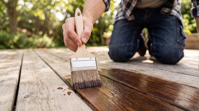 Close-up of deck maintenance with a brush applying protective stain on weathered wood. DIY home improvement, restoration and outdoor renovation in natural sunlight