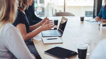 Professional business colleagues collaborating and brainstorming during an important meeting in a modern office. © Talia