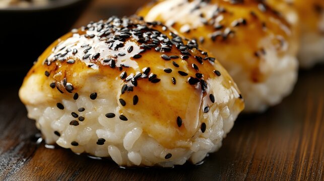 Gigapixel standard v2 6x image of glazed onigiri with sesame seeds