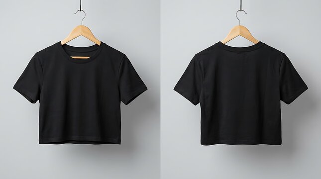 Front and back view of black cropped t shirt on wooden hangers with plain background for fashion apparel advertising mockup