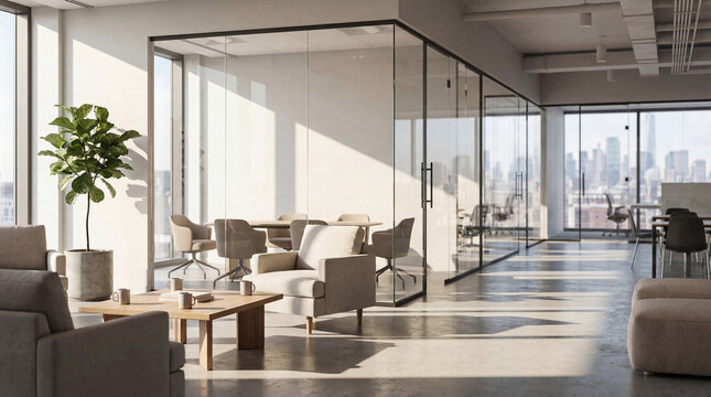 Bright and spacious modern open-plan office interior with glass meeting rooms and city views, bathed in natural light.