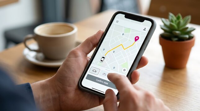 Close up view of hands holding smartphone with ride hailing application showing car icon on map and confirm ride button in modern coffee shop