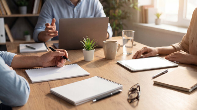 Professional colleagues collaborating at a business meeting, taking notes and discussing ideas in a comfortable office.