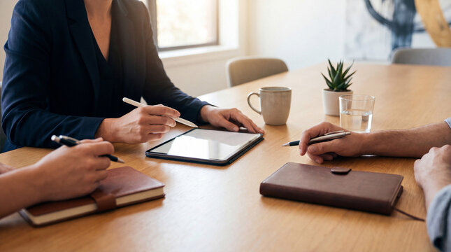 Business professionals engaging in a focused meeting, utilizing a digital tablet and notebooks for planning.