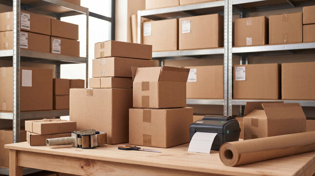 Cardboard boxes, packing supplies, and a label printer arranged on a wooden table in a busy e-commerce warehouse.