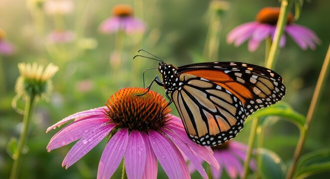 Beautiful Monarch Butterfly Resting on a Purple Coneflower.
