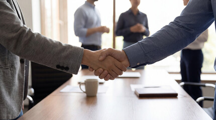 Business partners shaking hands to seal a successful deal, symbolizing agreement and trust in a professional office. © Talia