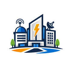 Obraz premium Modern industrial power station and smart city buildings with energy symbols in pixel art style.