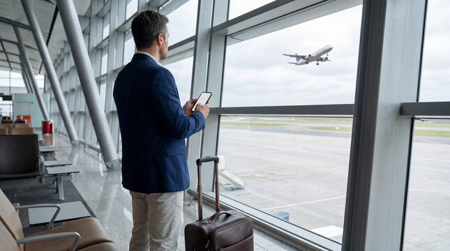 Businessman checking his smartphone while waiting in a modern airport lounge, watching an airplane take off.