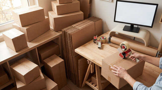 Person efficiently sealing a cardboard box with packaging tape.