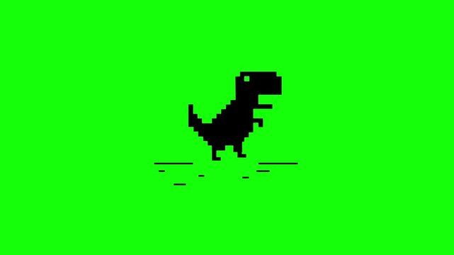 pixel dinosaur animation, error symbol, dino icon with legs moving up and down, green background, 4k video