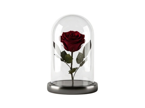 Vibrant crimson preserved rose with lush green leaves stands elegantly inside a polished glass dome bell jar on a dark metallic base isolated transparent background image
