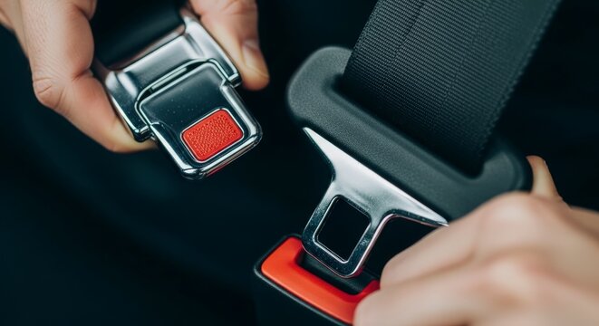 Hands fastening car seat belt buckle.