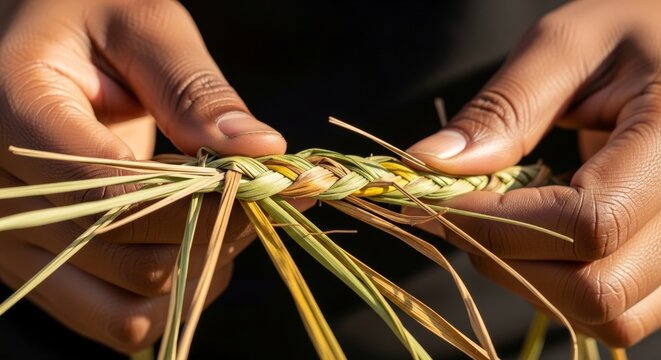 Hands weaving palm leaves together closely.