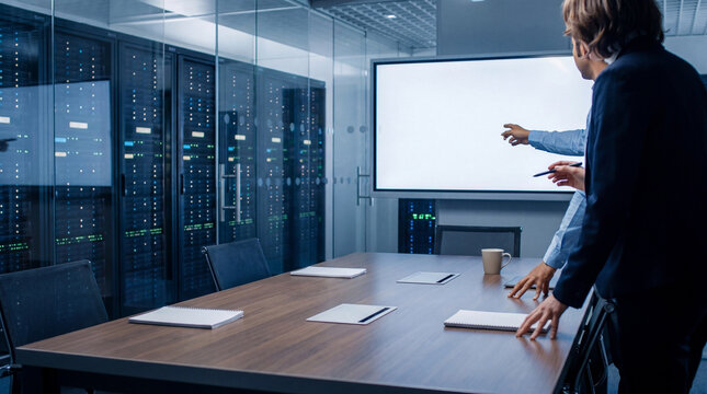 Business professionals discuss presentation in a modern data center conference room with a blank screen.