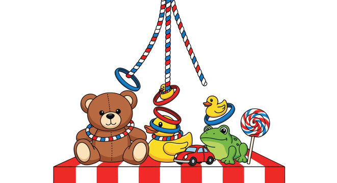 Carnival Toss Game with Toys: Teddy Bear, Duck, Frog, Car, Lollipops, Rings