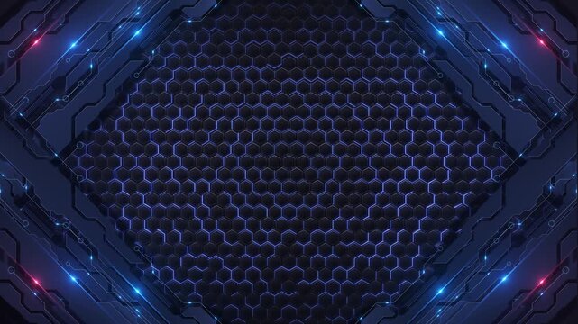 Futuristic Hex Grid Frame glowing border design. HUD interfaces, gaming overlays, or tech presentations neon hexagonal mesh sci-fi edges create digital panel layout for modern screens cyber themes.