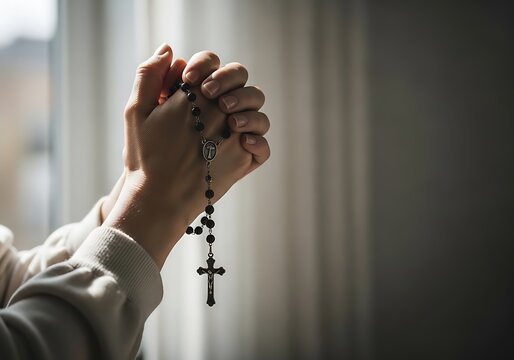 Clasped Hands Holding a Rosary in Prayer Near a Window. Generative Ai