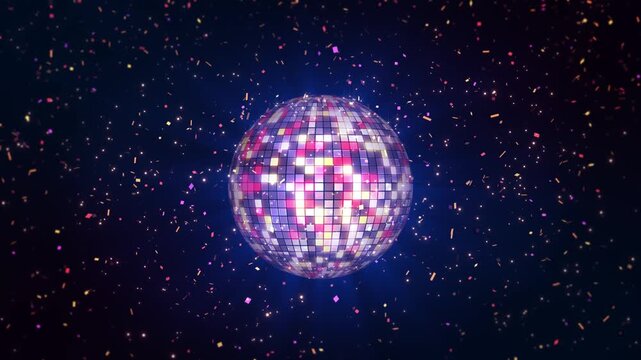Beautiful Disco Ball Spinning flares. spotlight Mirrorball. Neon Disco ball VJ animation for music broadcast disco party rhythm celebration performance mood. dance event party Music dance night party