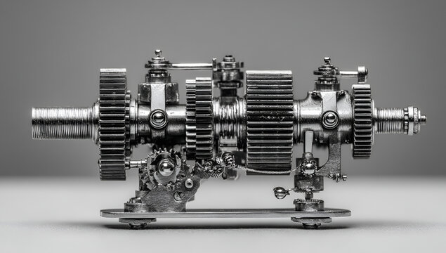 Close-up of a sophisticated mechanical device with multiple gears and intricate components in a grayscale palette