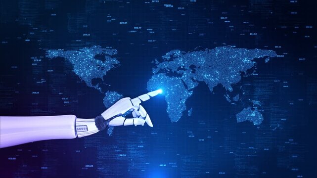 Robotic Hand Touching Global Data Map Advanced digital world map interface data streams analytics. artificial intelligence automation technology presentations, innovation showcases, fintech explainer