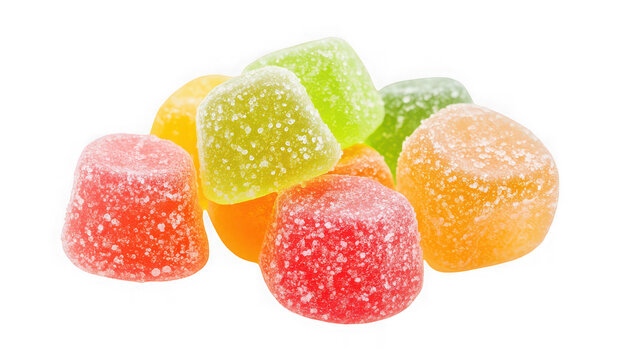 A pile of colorful sugar-coated gummies on transparent background